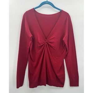 Gap Womens Large Sweater V-Neck Red Twist Front Knot Ruched Draped Romantic Sexy